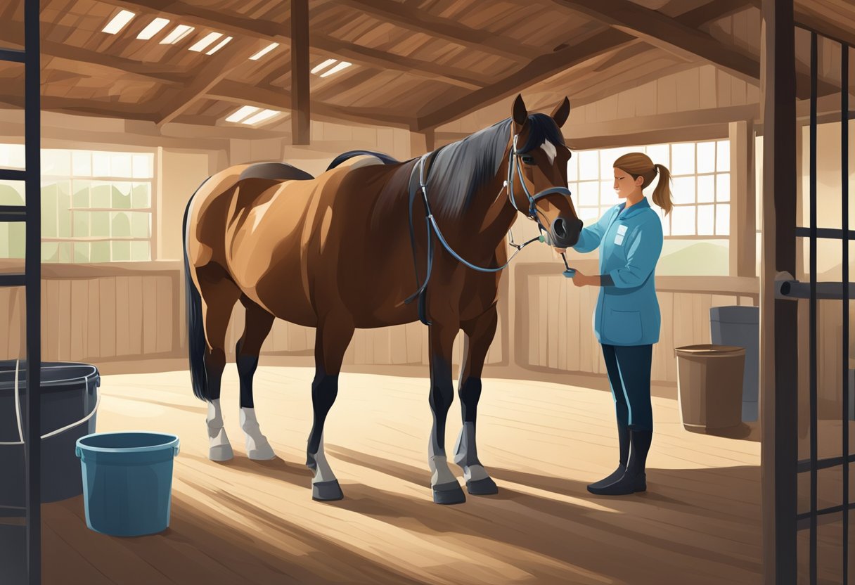 A horse standing calmly in a well-lit, spacious stable, with a veterinarian administering a vaccination while the owner looks on with reassurance