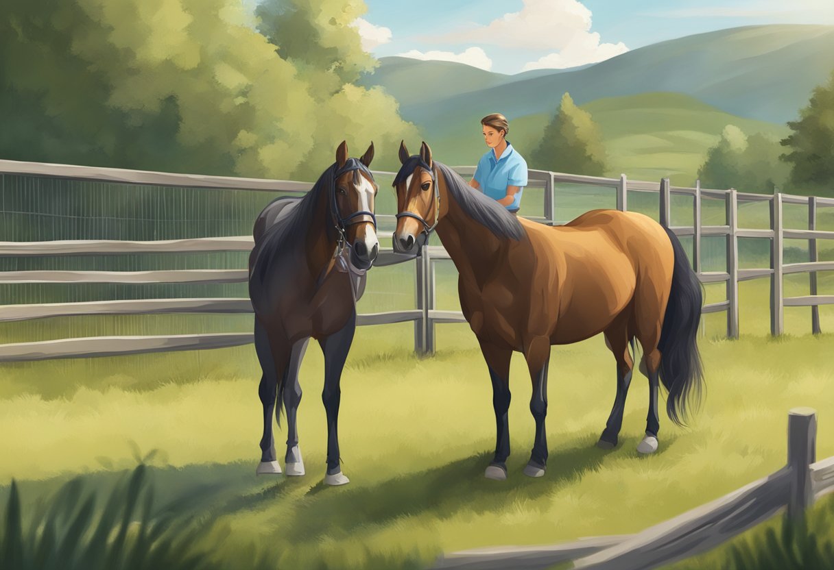 A horse stands in a fenced pasture, while a veterinarian examines its medical records and discusses vaccination needs with the owner
