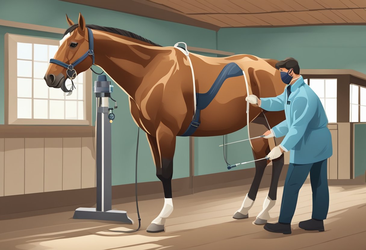 A horse being vaccinated by a veterinarian in a clean, well-lit stable. The horse stands calmly as the vet administers the vaccine with a syringe