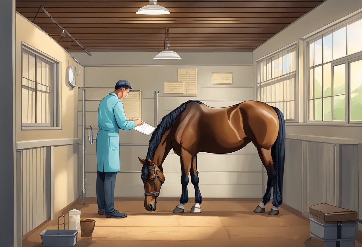 A veterinarian administers a vaccine to a horse in a well-lit, clean stable with medical records and a calendar on the wall