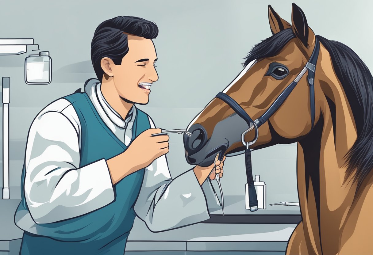 A horse's mouth is open as a veterinarian examines its teeth with a dental tool. The horse's head is held steady as the vet checks for signs of dental disease