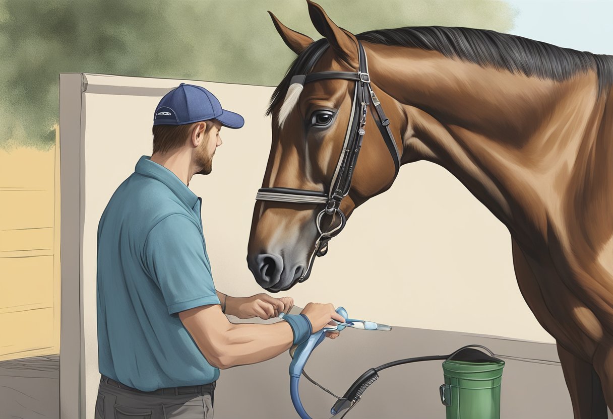 A horse's mouth being gently brushed with a large toothbrush, while a handler holds the horse's head steady