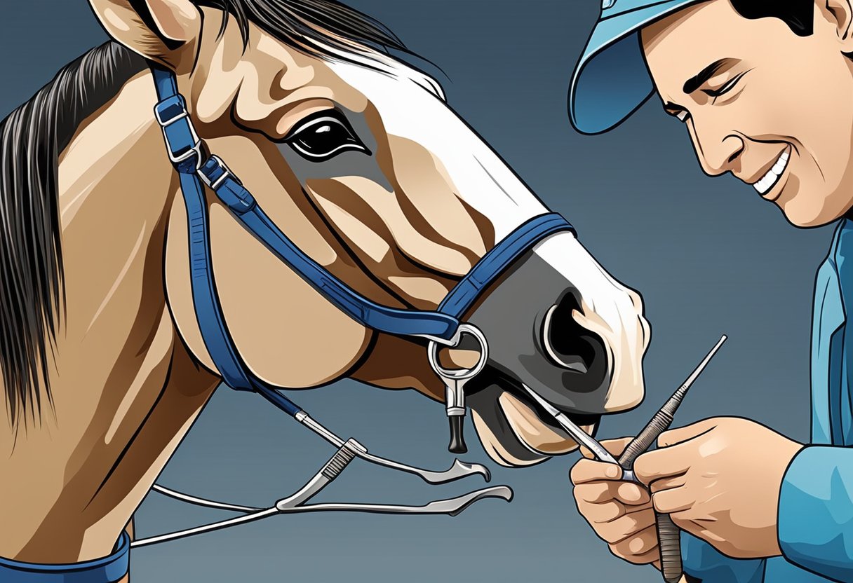A veterinarian examines a horse's teeth with specialized tools, highlighting the importance of dental care for equines