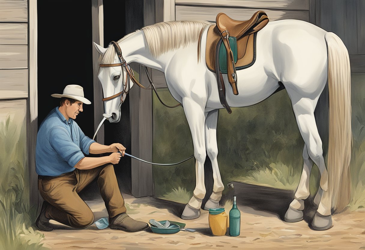 A horse owner brushing a horse's teeth with a large toothbrush, while a farrier trims the horse's hooves nearby. The owner holds a pamphlet titled "Dental Care for Horses" in their hand
