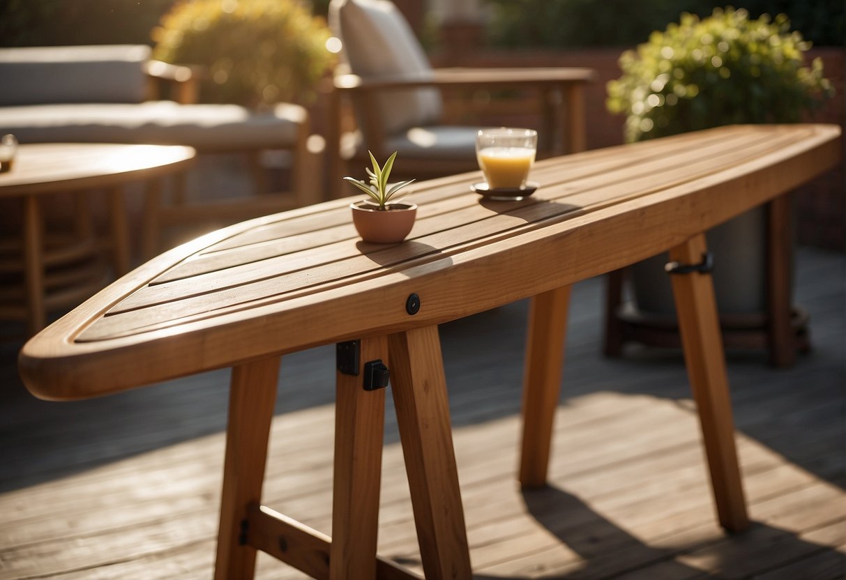 Wooden outdoor furniture arranged on a patio. A person uses a brush and soapy water to clean the furniture. Sunlight shines on the clean, gleaming wood