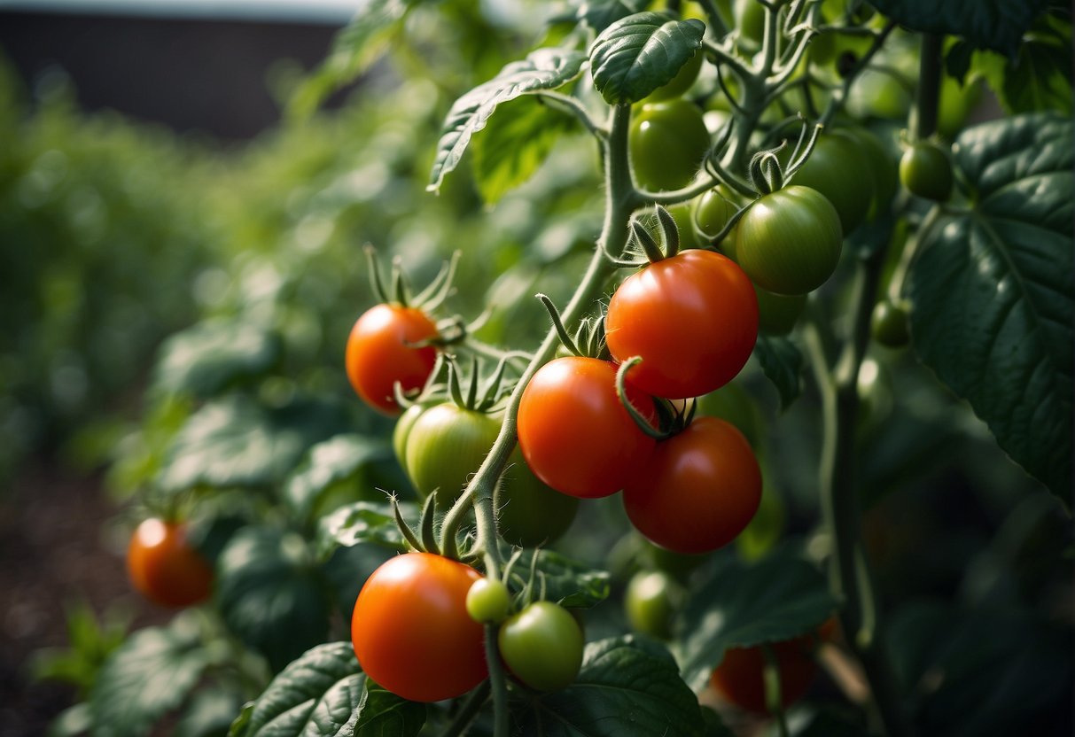 A tomato plant thrives with Miracle-Gro, growing tall with vibrant green leaves and producing plump, juicy tomatoes