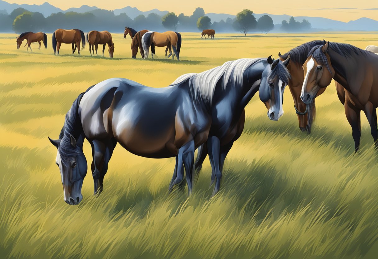 Horses grazing in a grassy field, some with distinct physical features, representing the emergence of specific horse breeds through domestication