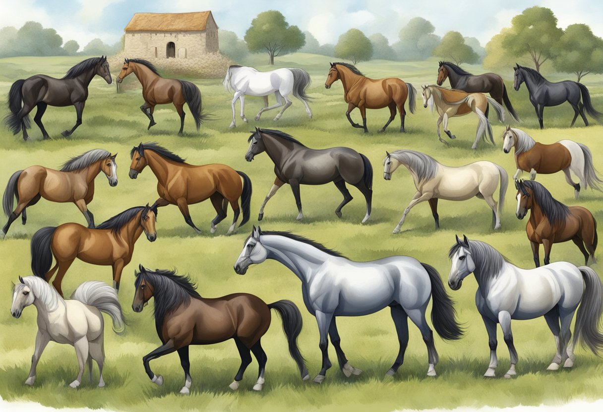 Medieval horse breeds emerge in a grassy field, with various horses showcasing distinct physical characteristics and sizes