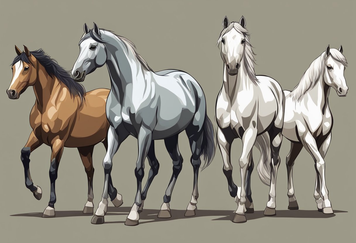 Horses of different breeds stand in a line, showcasing their distinct physical characteristics. A timeline in the background shows the emergence of specific horse breeds