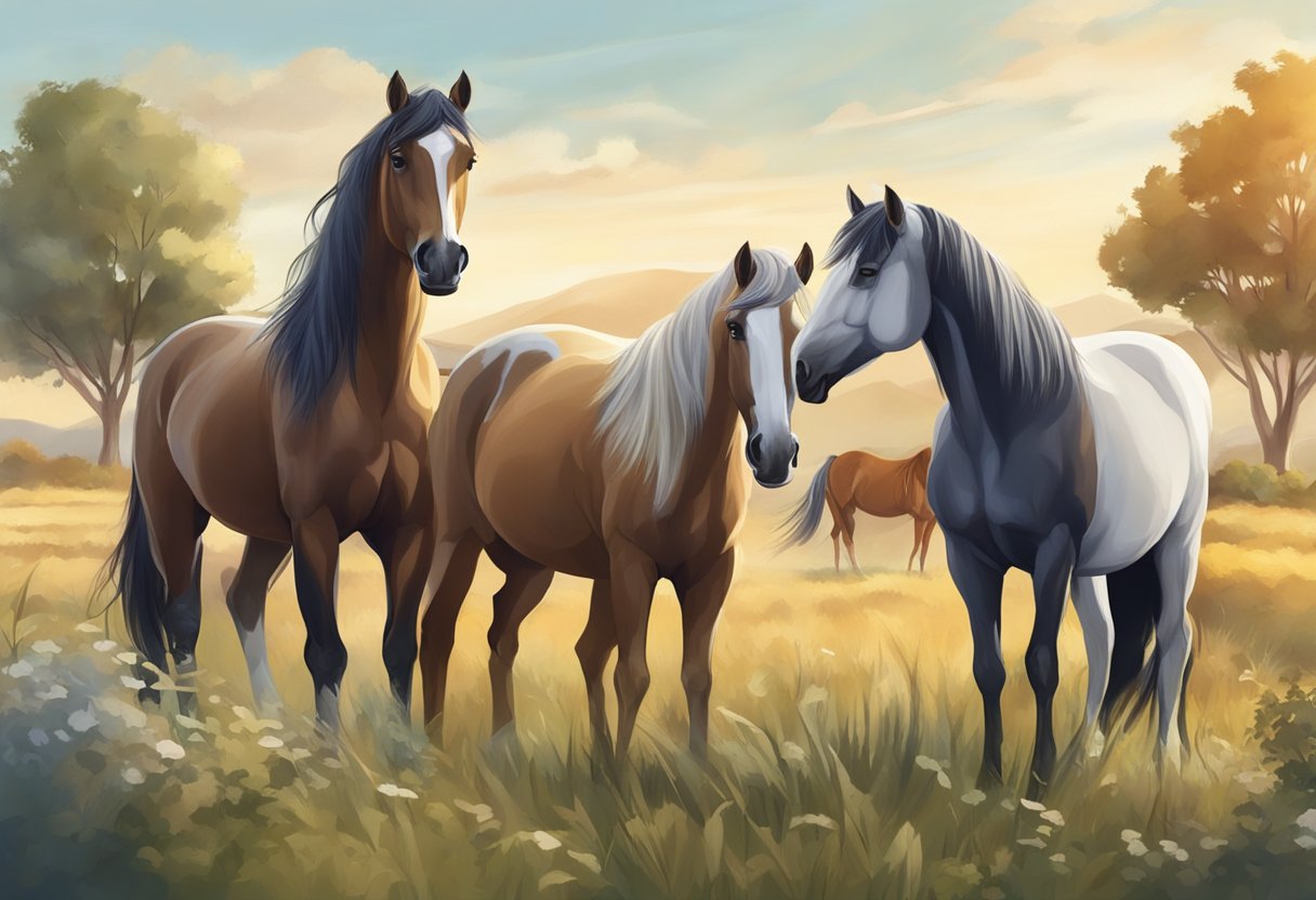 Rare horse breeds in a natural setting, with a mix of different breeds grazing together in a field. The focus is on the diversity and beauty of the horses