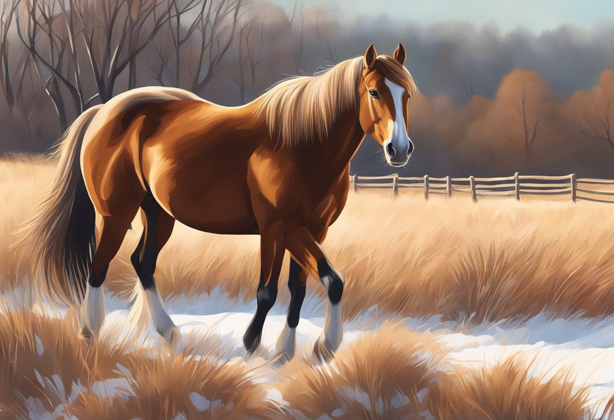 A chestnut horse sheds its winter coat in a sunlit pasture, with tufts of fur floating in the air