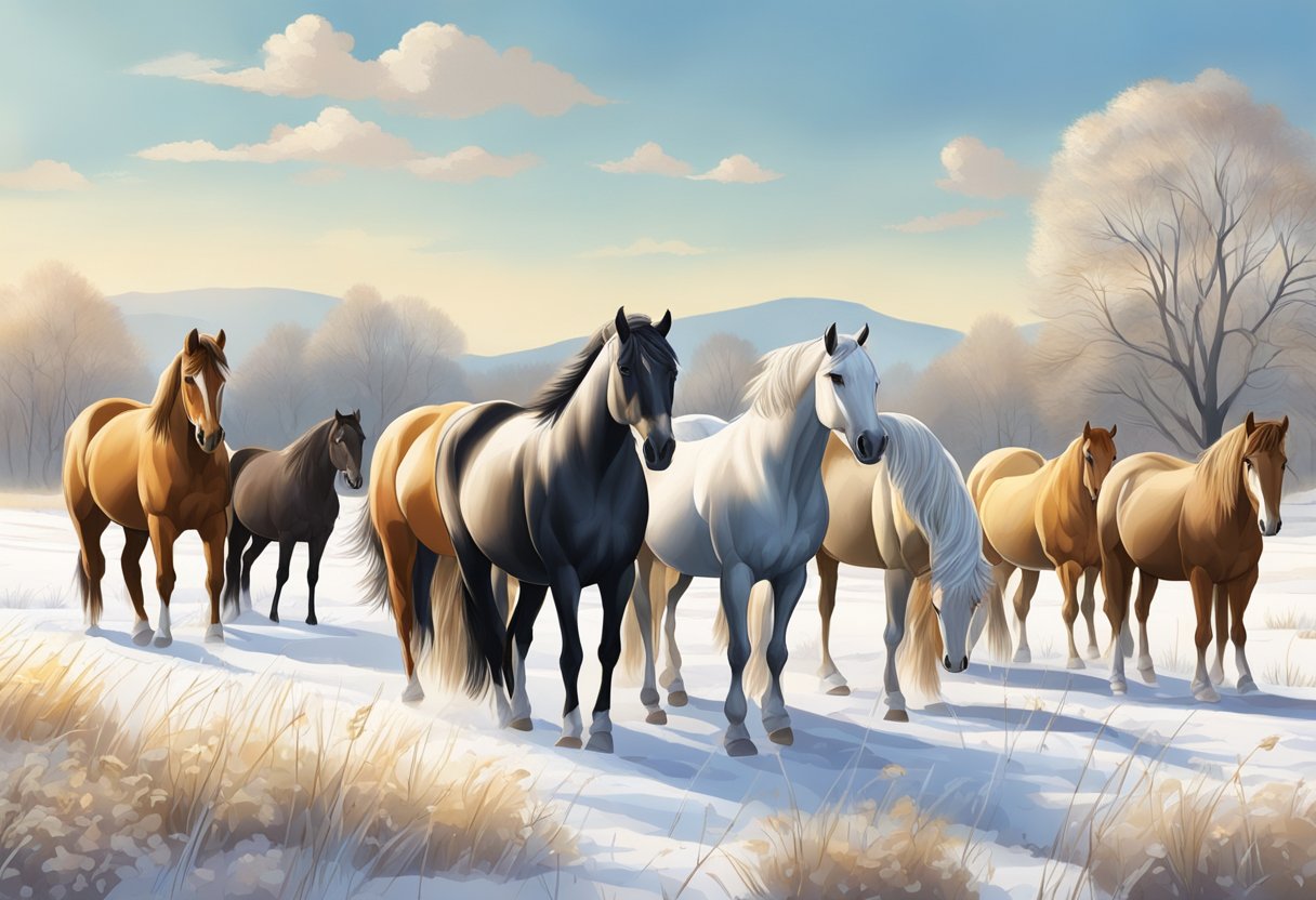Horses of various breeds shedding their winter coats in a sunlit pasture