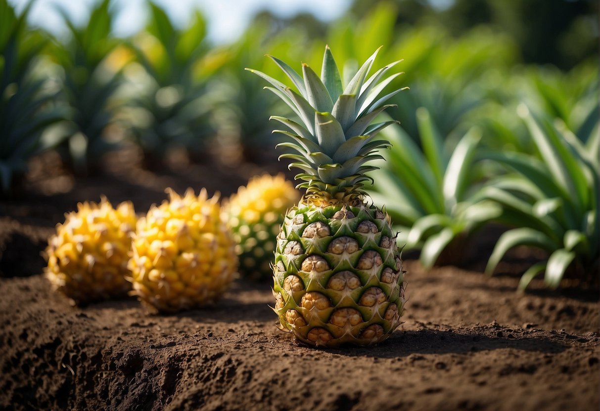 A bag of organic pineapple fertilizer sits beside a row of healthy, vibrant pineapple plants, with bright green leaves and ripe fruits