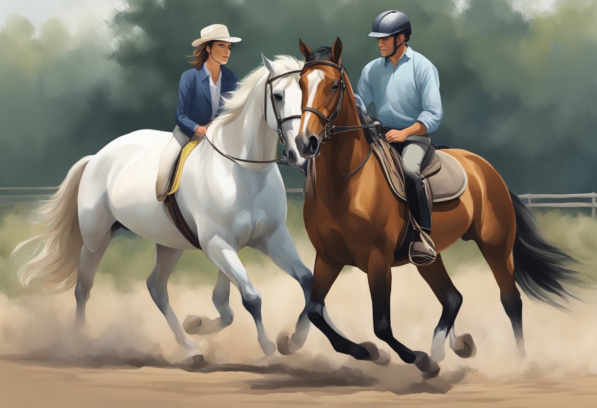 A beginner rider confidently guides a calm and steady horse, both in sync and comfortable with each other