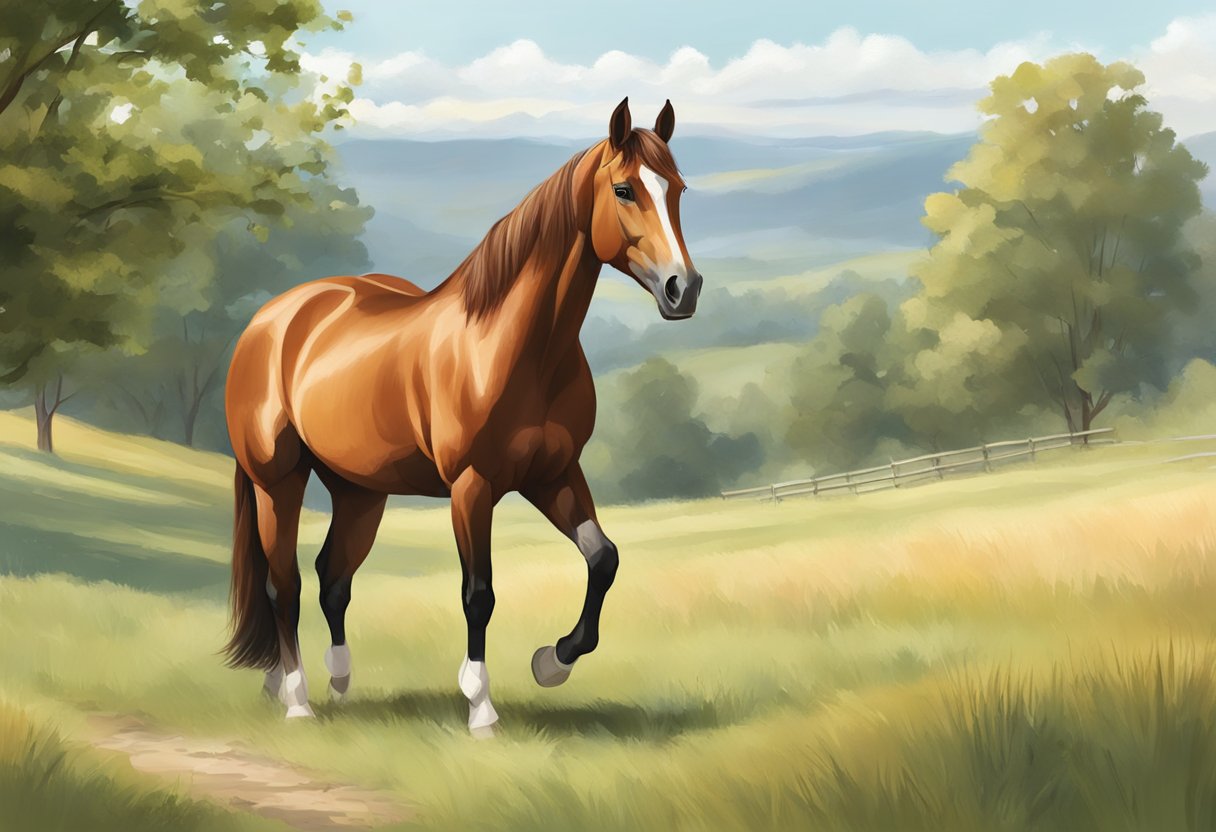 A calm, chestnut-colored horse stands in a peaceful pasture, gently grazing. Its friendly demeanor and relaxed posture make it ideal for a beginner rider