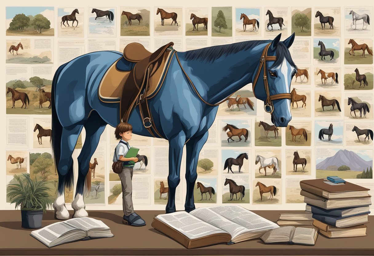 A beginner rider pondering over different horse breeds, surrounded by informational posters and books