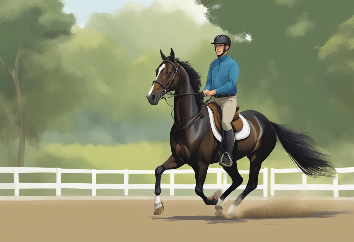 A beginner rider confidently guides a calm, responsive horse through a series of basic riding exercises