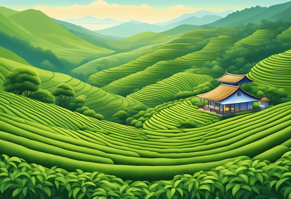 A serene tea plantation with lush, rolling hills and a quaint, traditional tea house nestled among the verdant fields