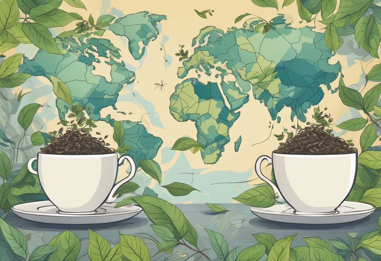 Two tea cups sit on a table, surrounded by various tea leaves and a world map, with question marks above each cup