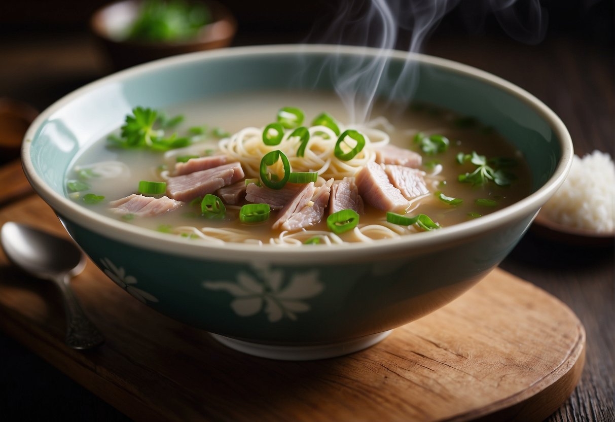 A steaming bowl of Chinese misua soup sits on a wooden table, garnished with green onions and slices of tender pork