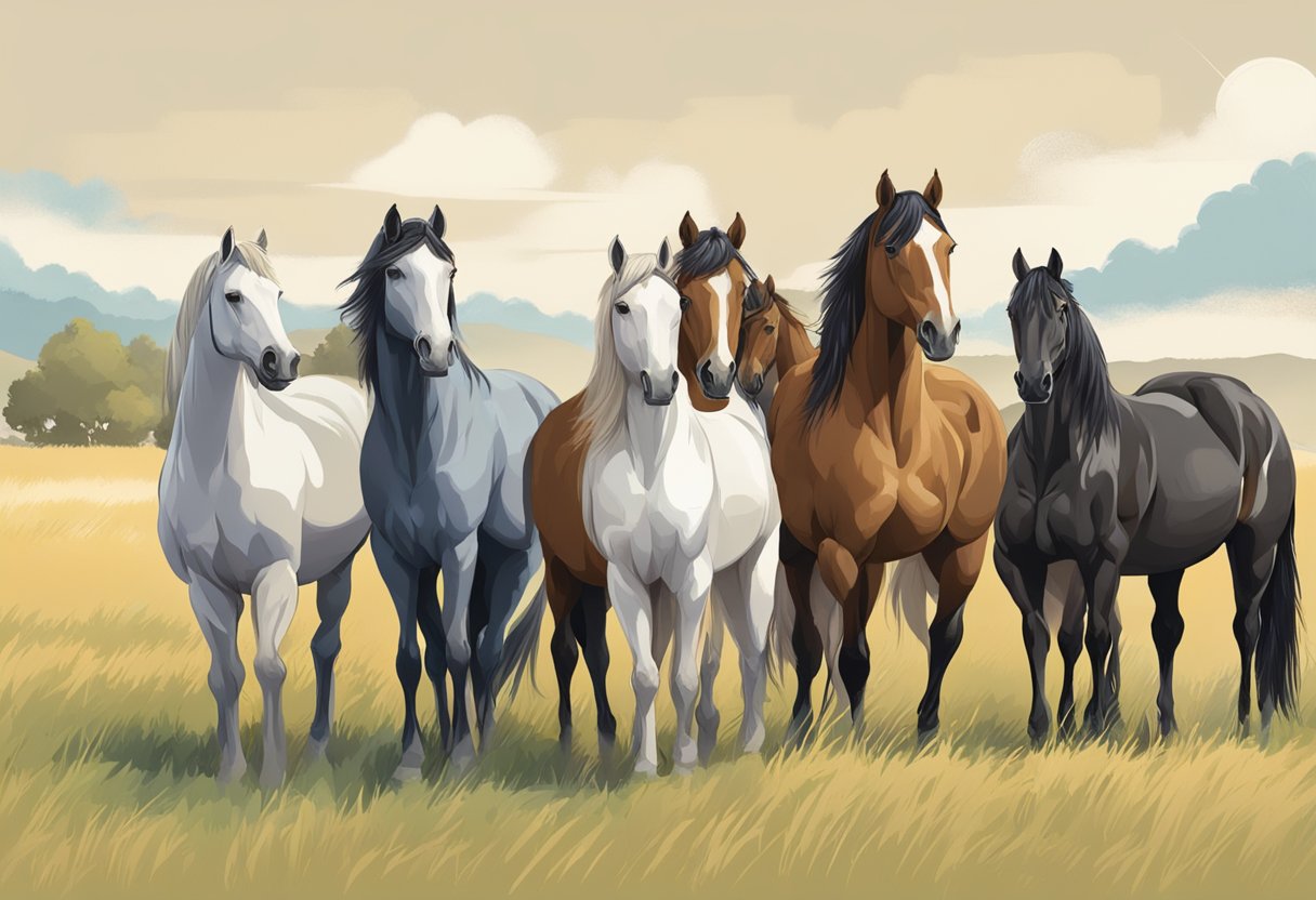 A variety of horse breeds stand in a field, showcasing their unique physical characteristics such as size, color, and build