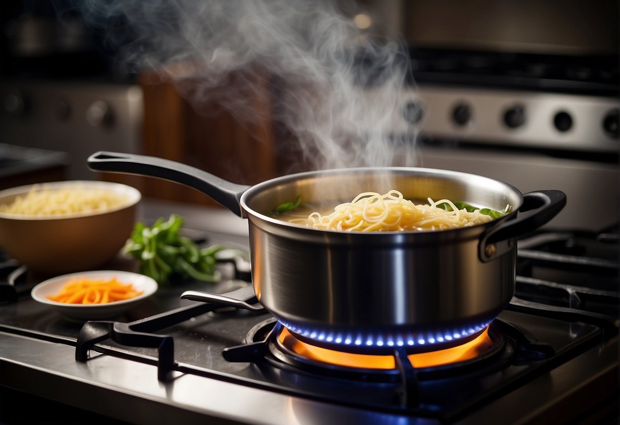 A pot simmers on a stove. Ingredients like misua noodles, vegetables, and broth are being added and stirred together. A hint of steam rises from the pot