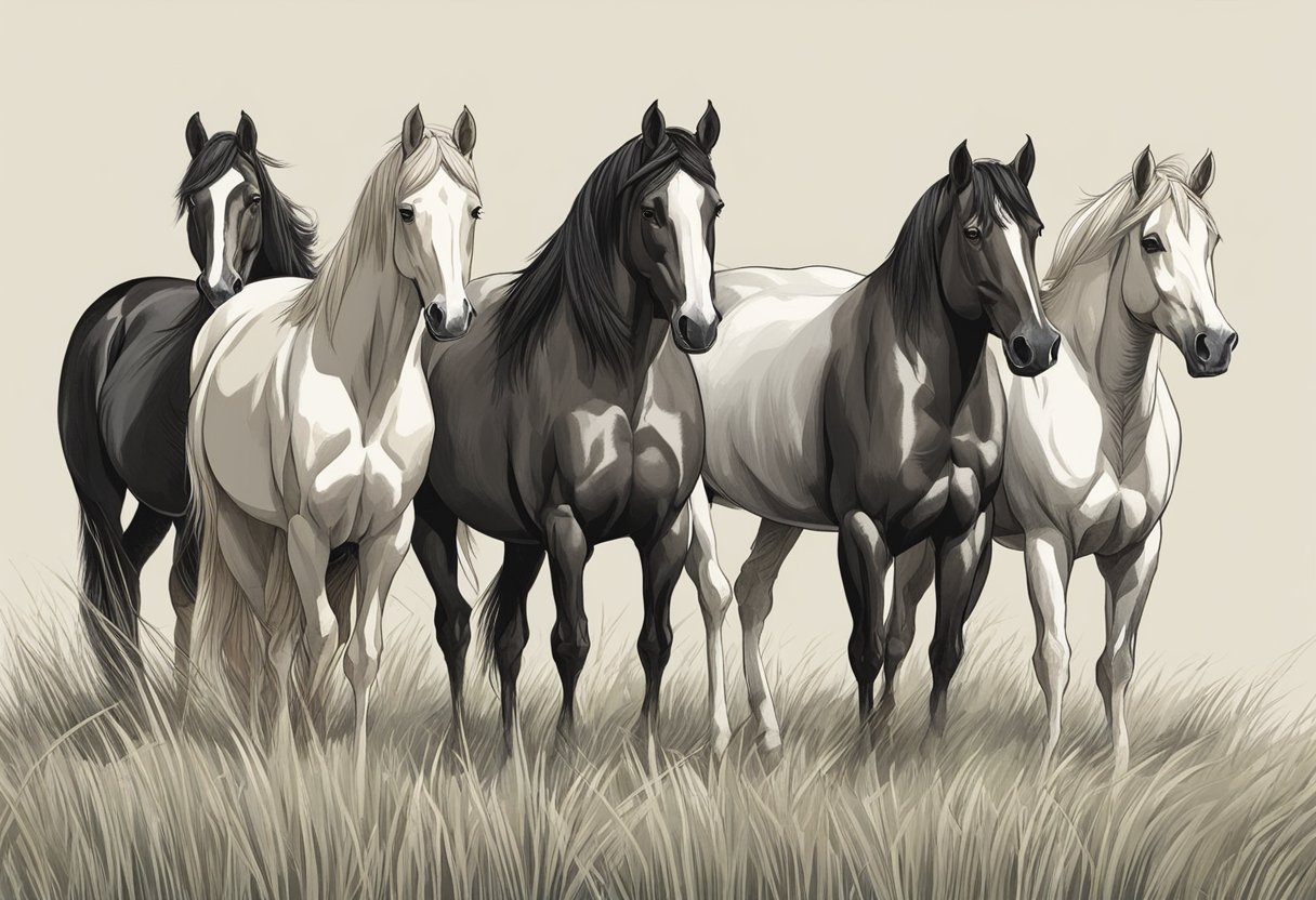 A group of various horse breeds stand in a grassy field, each displaying unique physical characteristics such as size, coat color, and mane and tail length