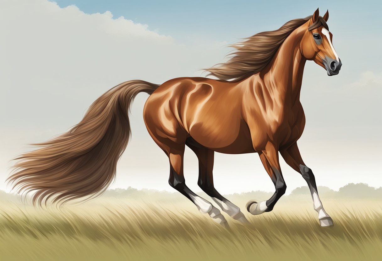 A chestnut horse with a long, flowing mane and tail, muscular build, and elegant, arched neck stands proudly in a grassy field