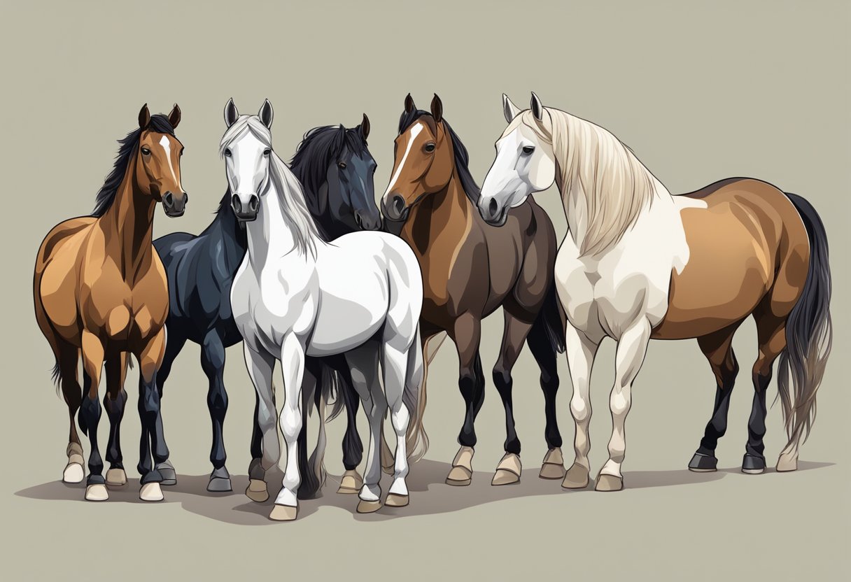 A group of horse breeds stand side by side, showcasing their unique physical characteristics such as size, build, coat color, and distinctive features