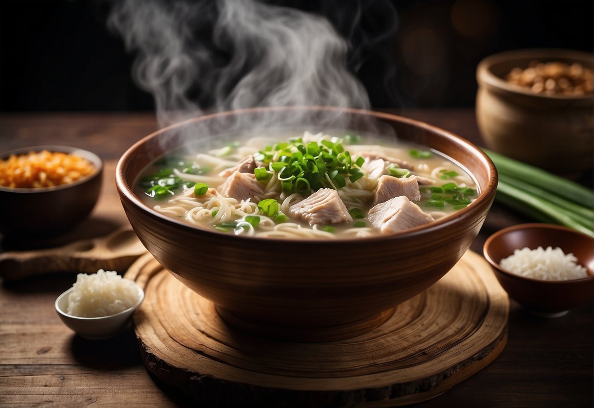 A steaming bowl of Chinese misua soup sits on a wooden table, surrounded by traditional ingredients like pork, mushrooms, and green onions