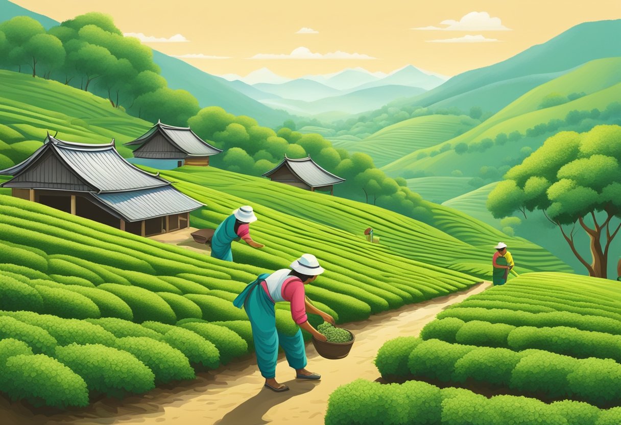 Rolling hills of lush green tea plantations, with workers carefully plucking leaves. A serene countryside scene with a traditional tea house in the distance