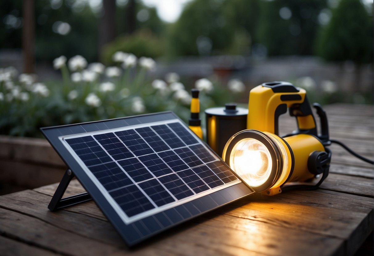 The solar lights are placed on a clean surface, with tools and cleaning supplies nearby. The lights are inspected and prepared for cleaning