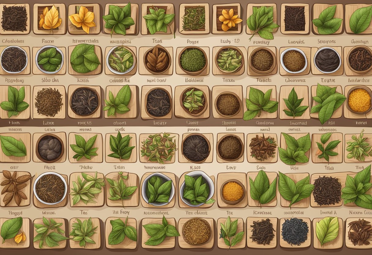 A variety of tea leaves from different countries displayed on a wooden table, each with distinct flavors and aromas