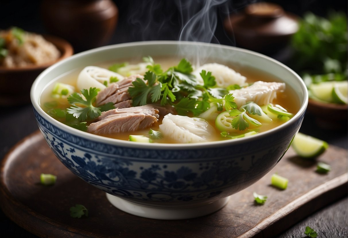 A steaming bowl of Chinese misua soup with sliced vegetables and tender meat, garnished with fresh cilantro and served in a traditional ceramic bowl