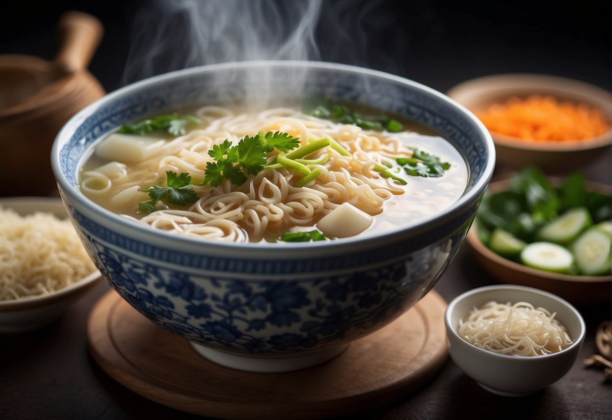 A steaming bowl of Chinese misua soup surrounded by ingredients like misua noodles, vegetables, and a clear broth. Nutritional information displayed on the side