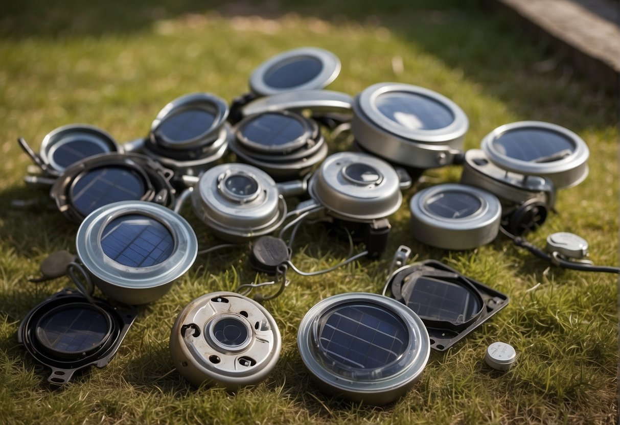 Old solar lights being disassembled and cleaned. Parts sorted for recycling. Outdoor setting with sunlight