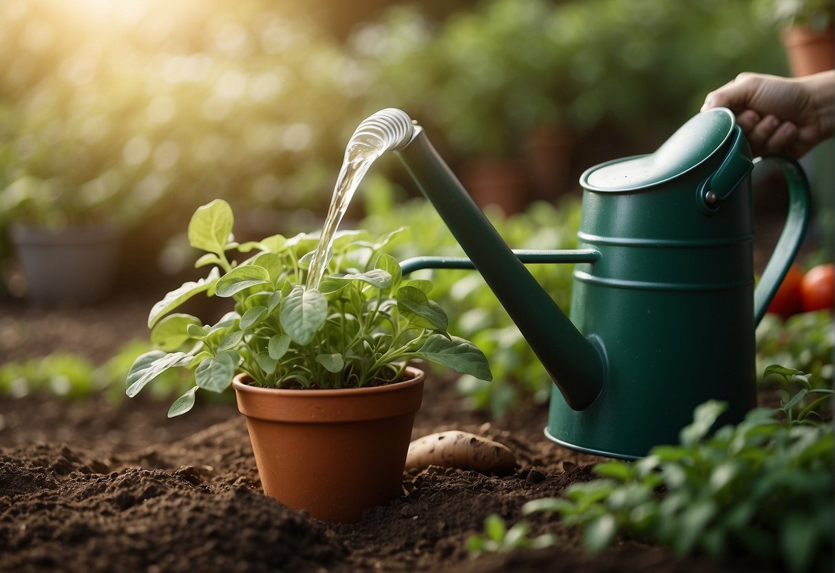 A watering can pours salted potato water onto green plants