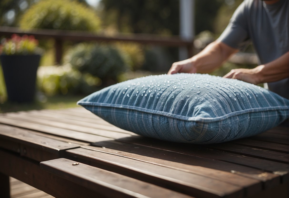 Sunbrella outdoor cushions being scrubbed with mild soap and water, then air-dried in a shaded area