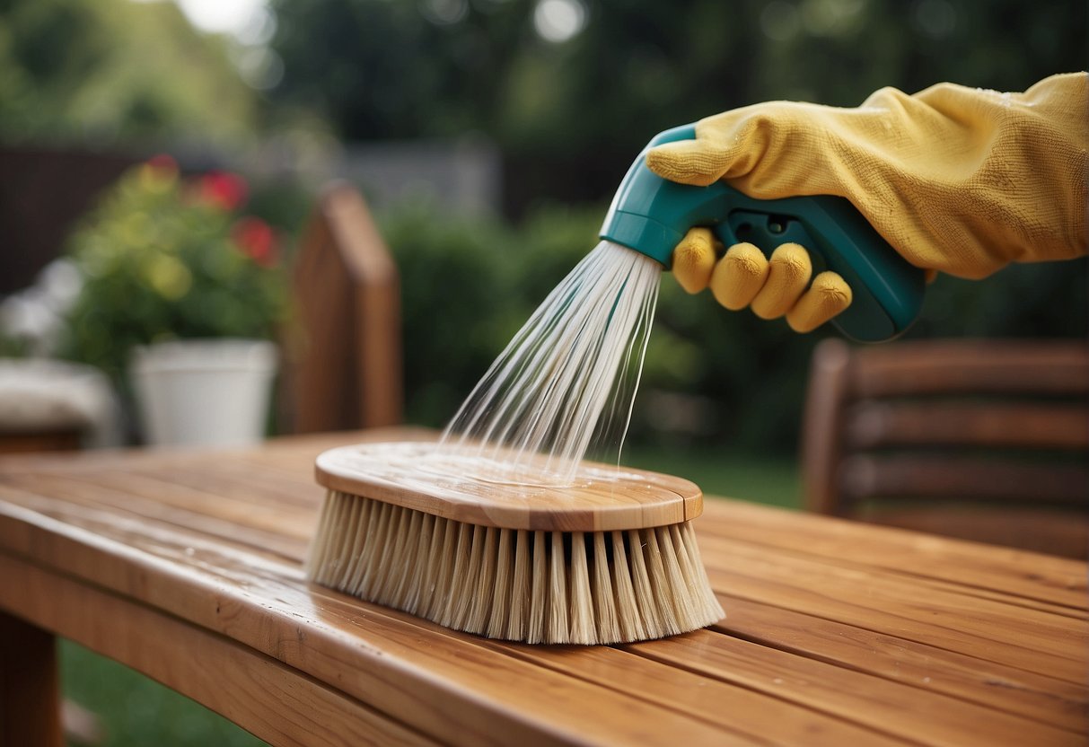 Teak outdoor furniture being scrubbed with soapy water and a brush, then rinsed with a hose