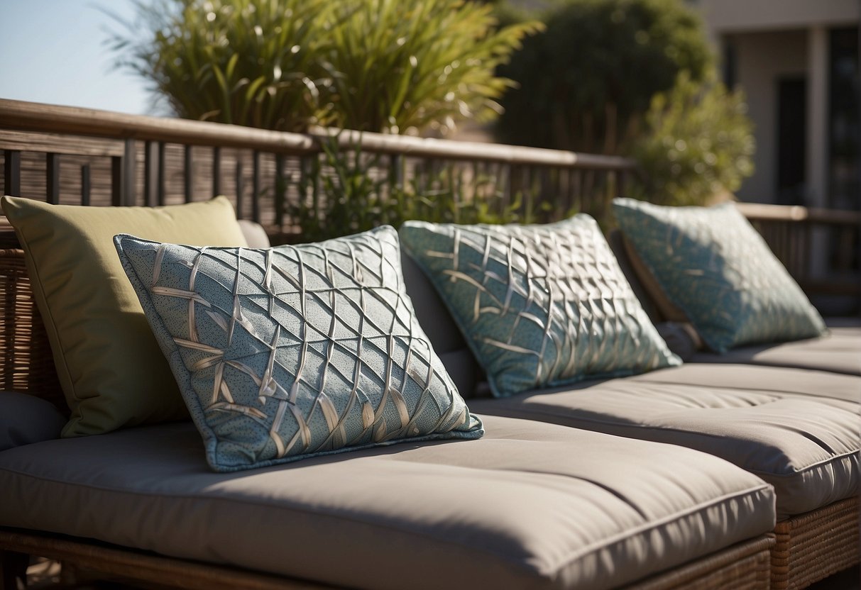 Outdoor cushions laid flat on a clean, dry surface under direct sunlight with occasional flipping for even drying