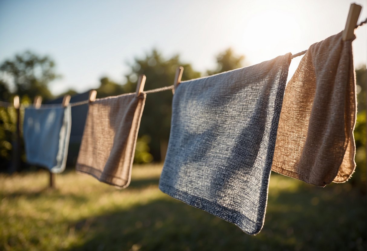 Outdoor cushions hung on a clothesline in the sun, with a gentle breeze blowing to aid in the drying process