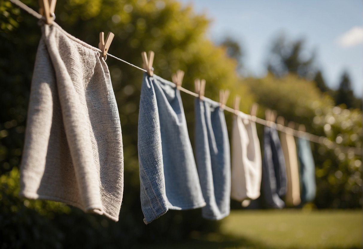 Outdoor cushions hanging on a clothesline in the sun, with a gentle breeze blowing to aid in the drying process