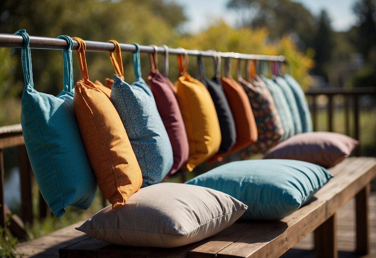 Outdoor cushion covers hang on a line, drying in the sun. A table nearby displays a variety of colorful dye bottles and finished cushion covers