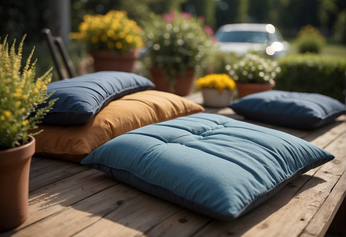 Outdoor cushion covers laid flat on a clean, dry surface. Gloves and protective clothing nearby. Dye and dyeing tools arranged neatly. Open space with good ventilation