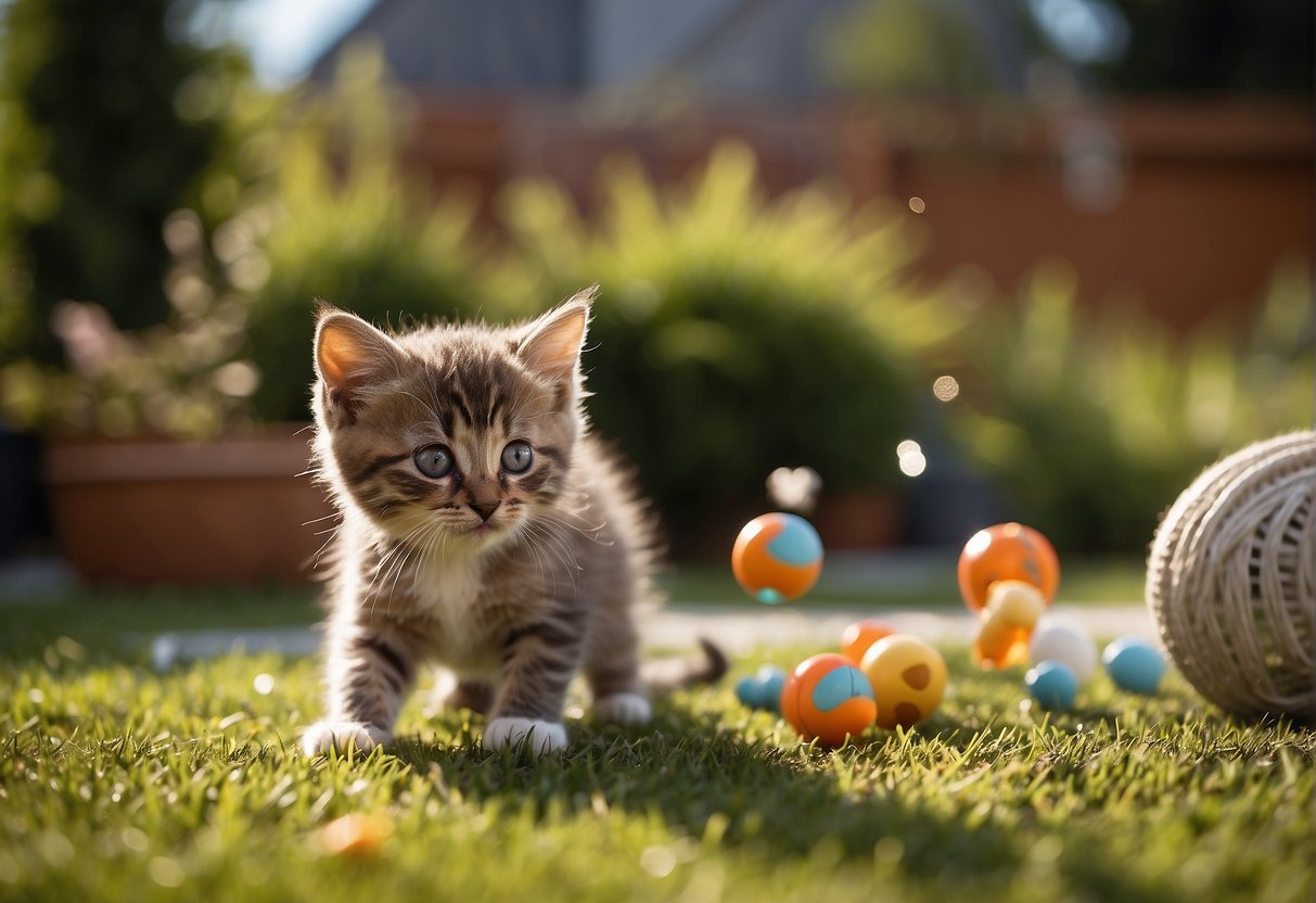 An outdoor kitten plays with toys and explores a fenced yard. Its owner gently introduces it to other pets and provides enrichment activities