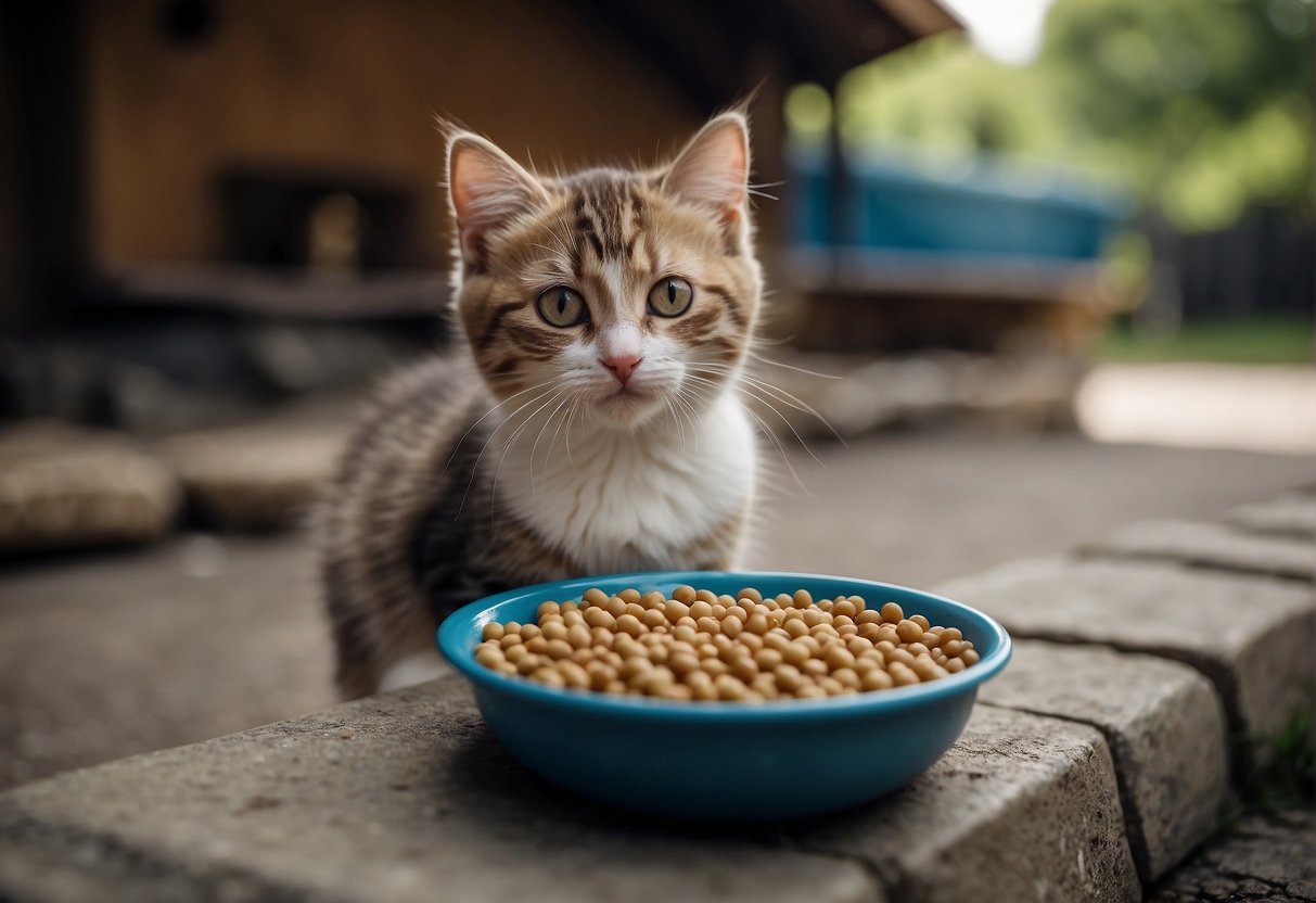 An outdoor kitten eagerly eats from a small bowl of kitten food placed on the ground next to a cozy shelter