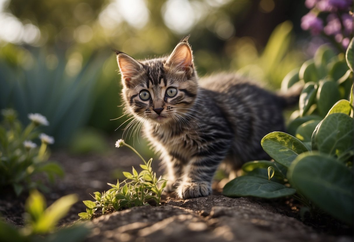 A kitten explores a garden with sharp thorns, toxic plants, and potential predators. A protective fence, safe hiding spots, and supervision ensure its safety