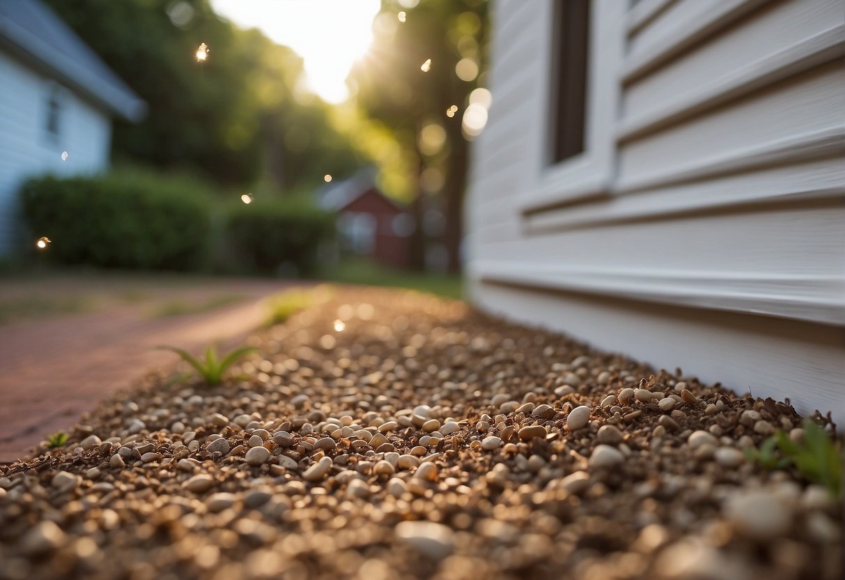 A line of ant bait is placed along the perimeter of a house, while a person sprinkles diatomaceous earth around the garden