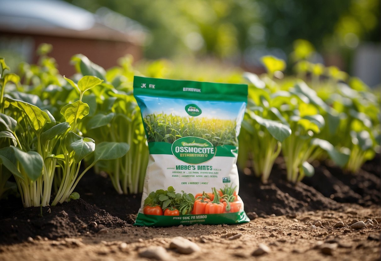 A bag of Osmocote fertilizer sits next to a row of thriving vegetable plants in a sunny garden bed