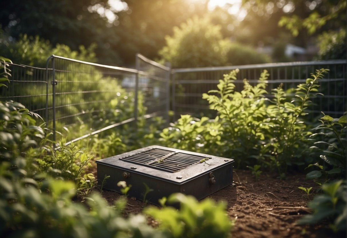 A rat trap is set in a garden with a sign "Preventative Measures" next to it. The garden is surrounded by a fence and there are bushes and plants in the background